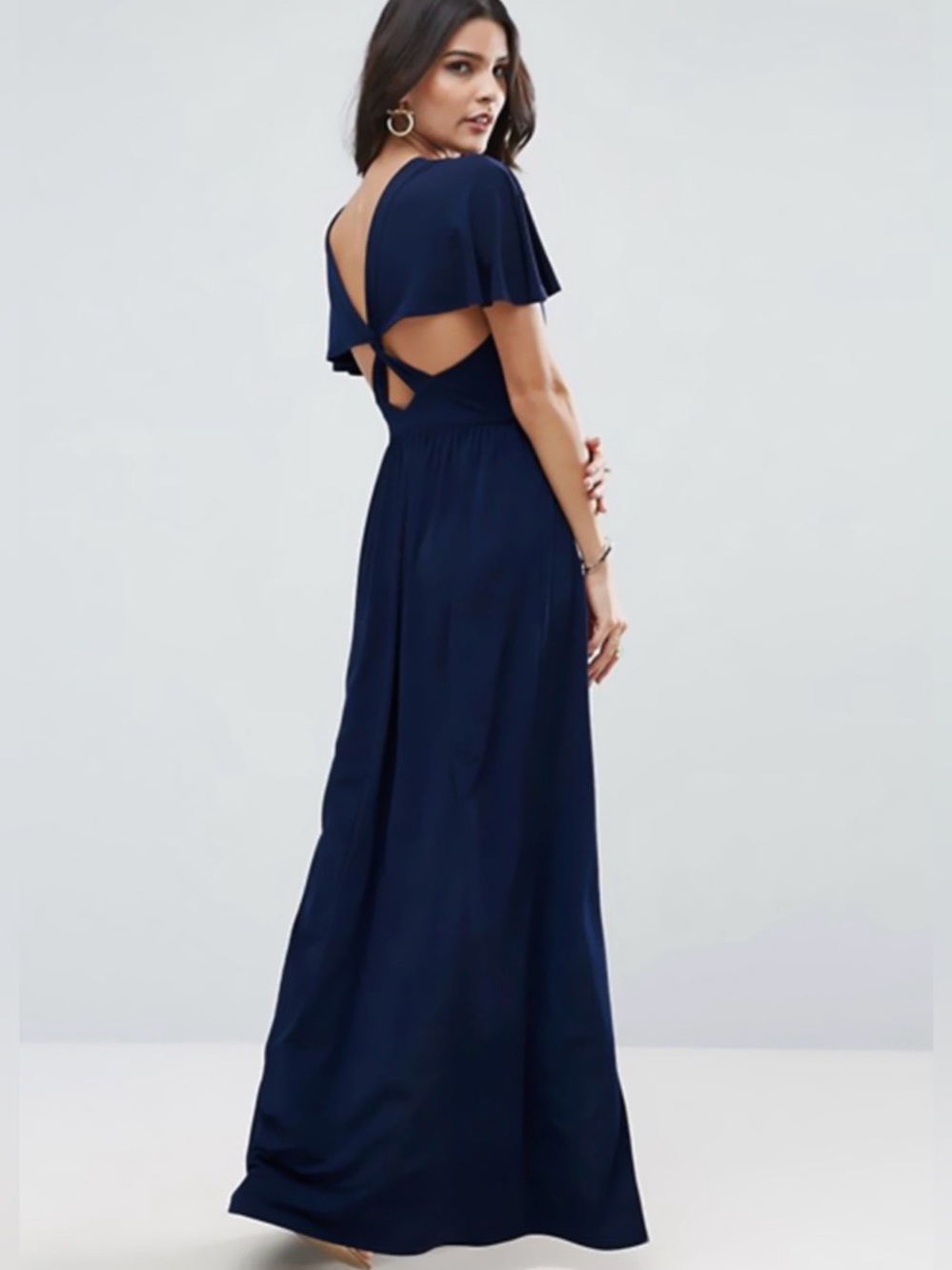 Asos dark navy blue maxi dress high gathered waist, cutout back straps size 2